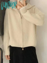Lunivop Casual Knitted Cardigan Sweaters Women Autumn Vintage Zip-Up Solid Loose Long Sleeve Tops
