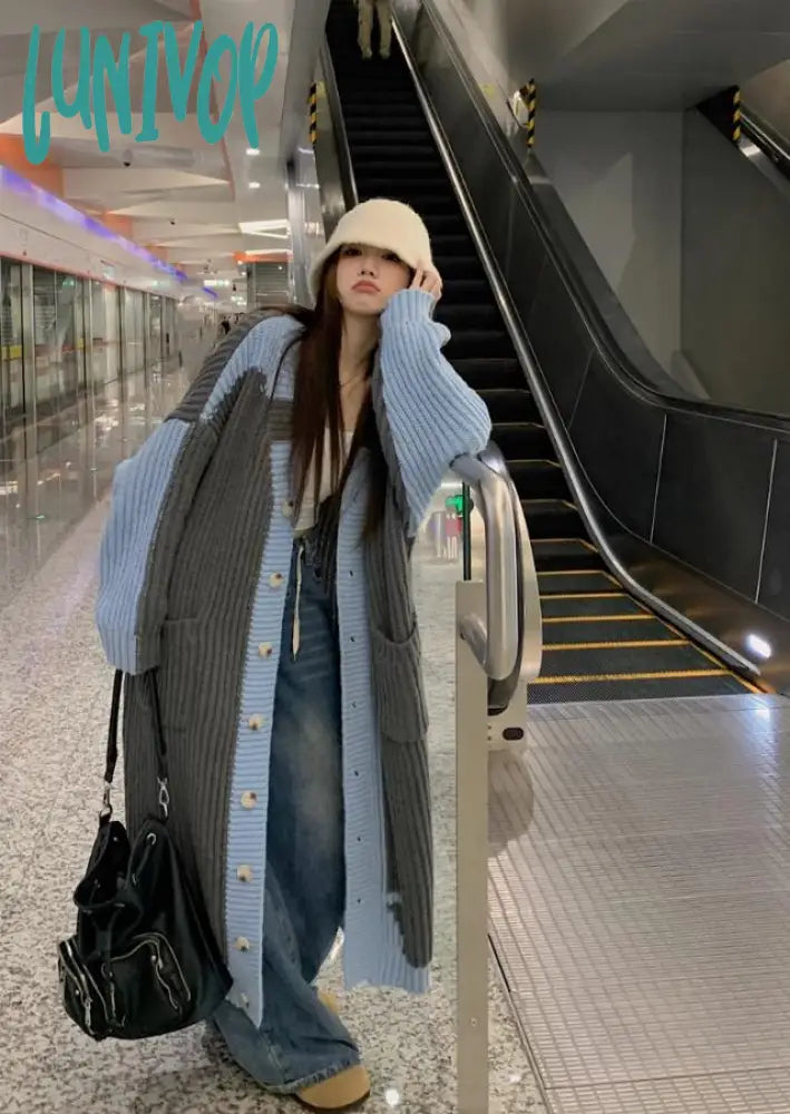 Lunivop Casual Loose Lace Up Collar Knitted Long Jacket Female Chic Solid Sleeve Overcoat Autumn