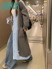 Lunivop Casual Loose Lace Up Collar Knitted Long Jacket Female Chic Solid Sleeve Overcoat Autumn
