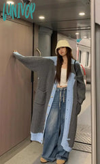 Lunivop Casual Loose Lace Up Collar Knitted Long Jacket Female Chic Solid Sleeve Overcoat Autumn