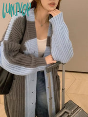 Lunivop Casual Loose Lace Up Collar Knitted Long Jacket Female Chic Solid Sleeve Overcoat Autumn