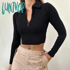 Lunivop Casual Retro Solid Color Basic Shirt Turndown Collar Zipper Ribbed Long Sleeve Crop Top