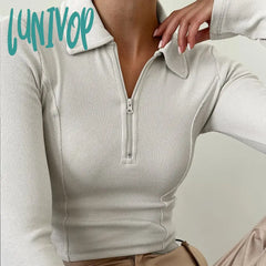 Lunivop Casual Retro Solid Color Basic Shirt Turndown Collar Zipper Ribbed Long Sleeve Crop Top
