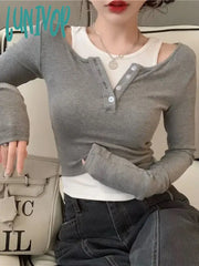 Lunivop Casual Slim Skinny Tshirts Women Korean Fashion Kpop Fake Two Piece Tees Design Off