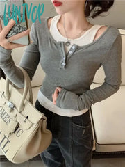 Lunivop Casual Slim Skinny Tshirts Women Korean Fashion Kpop Fake Two Piece Tees Design Off