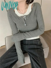 Lunivop Casual Slim Skinny Tshirts Women Korean Fashion Kpop Fake Two Piece Tees Design Off