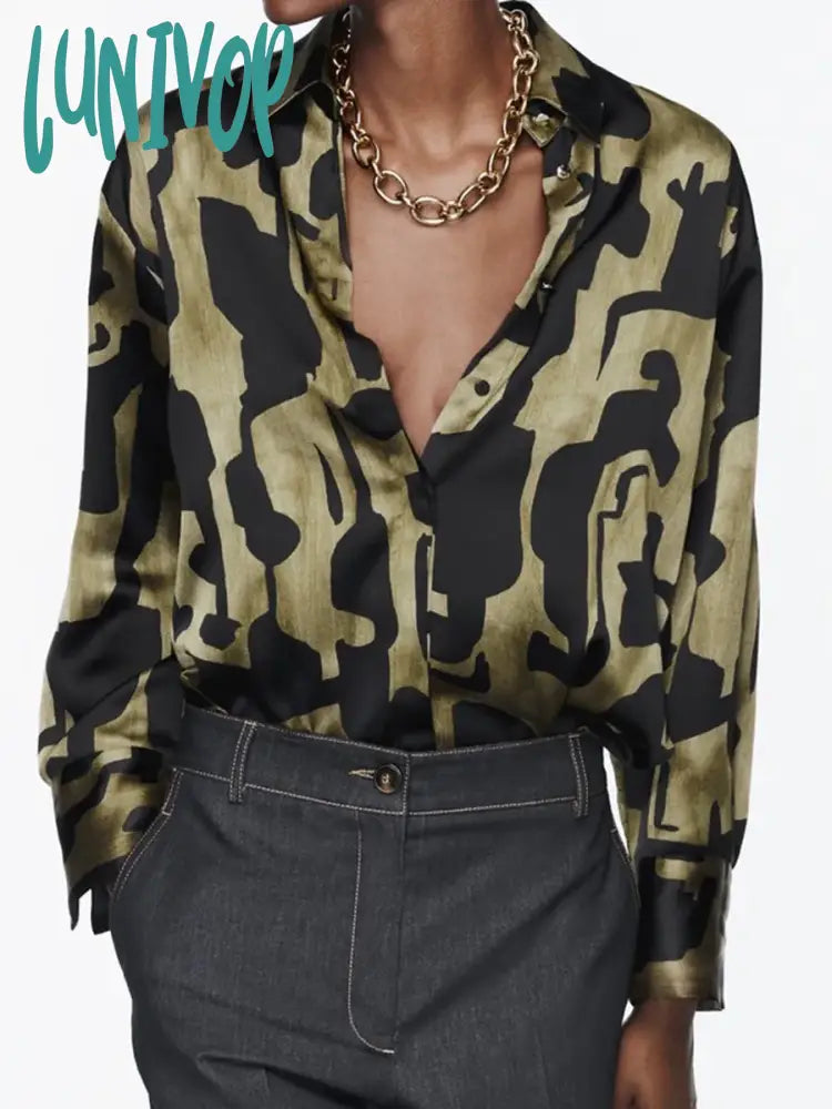 Lunivop Casual Textured Printed Shirts For Women New Fashion Lapel Collar Long Sleeve Button Blouse