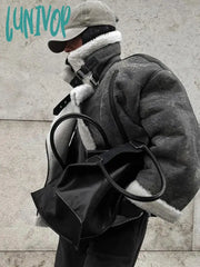 Lunivop Casual Turn Down Collar Patchwork Fur Coat Female Vintage Zipper Long Sleeves Plush Jacket