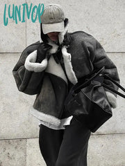 Lunivop Casual Turn Down Collar Patchwork Fur Coat Female Vintage Zipper Long Sleeves Plush Jacket