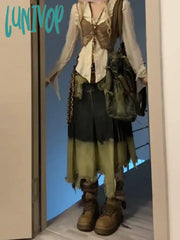 Lunivop Casual Women Goblin Core Tie Dye 2000S Harajuku Fashion Jean Skirt Denim Midi A-Line Skirts