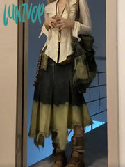 Lunivop Casual Women Goblin Core Tie Dye 2000S Harajuku Fashion Jean Skirt Denim Midi A-Line Skirts