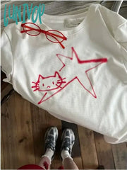 Lunivop Cat Star Print All Match T Shirts Women Casual Harajuku Fashion Tops Grunge Short Sleeve