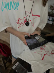 Lunivop Cat Star Print All Match T Shirts Women Casual Harajuku Fashion Tops Grunge Short Sleeve