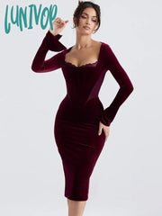 Lunivop Celebrity Christmas Evening Party Red Midi Dress Chic And Elegant Long Sleeve Corset