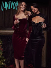 Lunivop Celebrity Christmas Evening Party Red Midi Dress Chic And Elegant Long Sleeve Corset