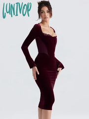 Lunivop Celebrity Christmas Evening Party Red Midi Dress Chic And Elegant Long Sleeve Corset