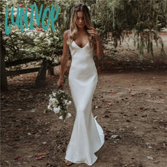 cherry blossom dress to impress New Wedding Dress White Sexy V-neck Sleeveless Backless Bridal Gown Simple Slim Fishtail Long Autumn
