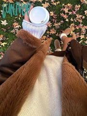 Lunivop Chic Brown Faux Lambswool Splicing Coat For Women Elegant Fur Collar Long Sleeve Thicken