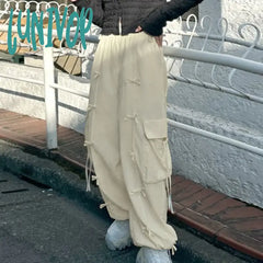Lunivop Chic Cute Bow Stitched Cargo Pants Women Fairycore Loose Low Rise Fashion Bandage Pockets