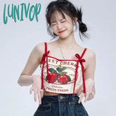 Lunivop Chic Fashion Women Casual Japanese Sweet Cherry Print Slim Camisole Summer Bow Lace Up Thin