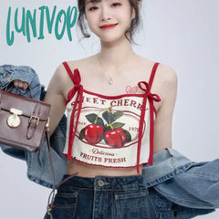 Lunivop Chic Fashion Women Casual Japanese Sweet Cherry Print Slim Camisole Summer Bow Lace Up Thin