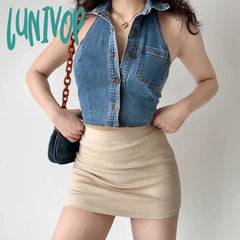 Lunivop Chic Fashion Women Streetwear Y2K Hollow Design Denim Tank Tops Summer Sexy Backless