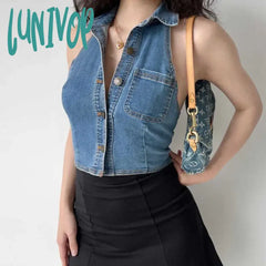 Lunivop Chic Fashion Women Streetwear Y2K Hollow Design Denim Tank Tops Summer Sexy Backless