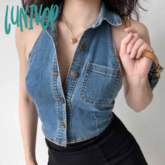 Lunivop Chic Fashion Women Streetwear Y2K Hollow Design Denim Tank Tops Summer Sexy Backless