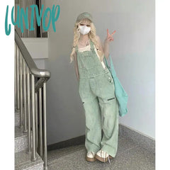 Lunivop Chic Light Green Dnim Pants For Women Overalls Spring Autumn High Waist Straight Loose