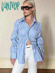 Lunivop Chic Pocket Solid Color Shirts Women 2024 Spring New Long Sleeve Waist Folds Lapel Collar