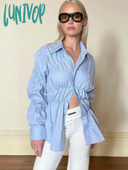 Lunivop Chic Pocket Solid Color Shirts Women 2024 Spring New Long Sleeve Waist Folds Lapel Collar
