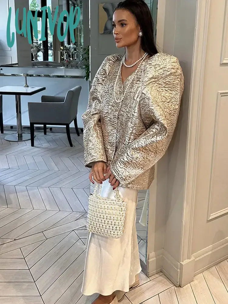 Lunivop Chic Sparkling Pleated Puff Sleeve Coat For Women Elegant V-Neck Single Breasted Cardigan