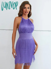 Lunivop Chic Summer Fashion Women Sexy Backless Halter Purple Tassel Mini Bodycon Bandage Dress