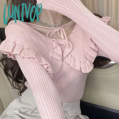 Lunivop Chic Sweet Knitwear Women Spring And Autumn New Solid Color Long-Sleeved Sweater Tops