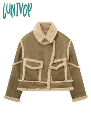 Lunivop Chic Turn Down Collar Blended Short Coat Vintage Long Sleeve Pocket Jacket Autumn Winter
