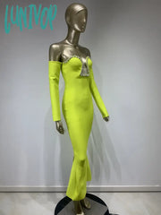 Lunivop Chic Women Celebrity Sexy Off Shoulder Beading Green Maxi Long Bodycon Bandage Dress