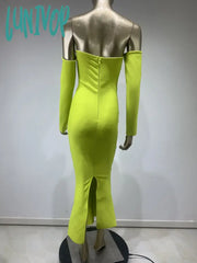 Lunivop Chic Women Celebrity Sexy Off Shoulder Beading Green Maxi Long Bodycon Bandage Dress