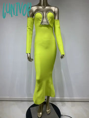 Lunivop Chic Women Celebrity Sexy Off Shoulder Beading Green Maxi Long Bodycon Bandage Dress