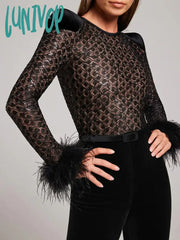 Lunivop Chic Women Luxury Sexy Long Sleeve Sequins Feather Black Bodycon Bandage Jumpsuit 2024 High