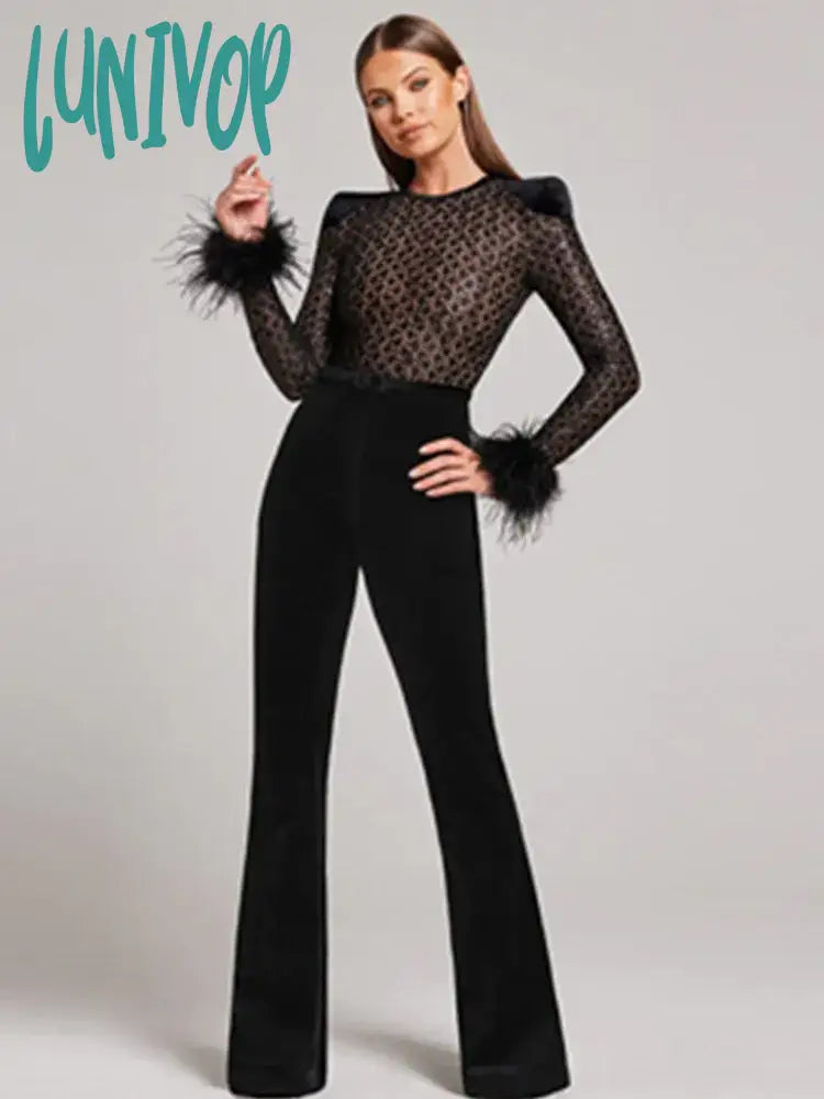 Lunivop Chic Women Luxury Sexy Long Sleeve Sequins Feather Black Bodycon Bandage Jumpsuit 2024 High