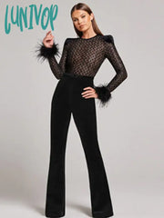 Lunivop Chic Women Luxury Sexy Long Sleeve Sequins Feather Black Bodycon Bandage Jumpsuit 2024 High