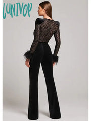 Lunivop Chic Women Luxury Sexy Long Sleeve Sequins Feather Black Bodycon Bandage Jumpsuit 2024 High