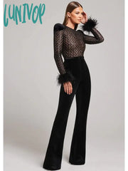 Lunivop Chic Women Luxury Sexy Long Sleeve Sequins Feather Black Bodycon Bandage Jumpsuit 2024 High