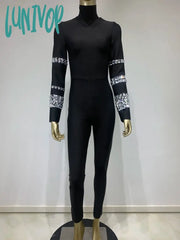 Lunivop Chic Women Luxury Sexy Long Sleeve Turtleneck Beading Sparkly Black Bandage Jumpsuit