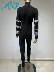 Lunivop Chic Women Luxury Sexy Long Sleeve Turtleneck Beading Sparkly Black Bandage Jumpsuit