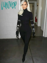 Lunivop Chic Women Luxury Sexy Long Sleeve Turtleneck Beading Sparkly Black Bandage Jumpsuit