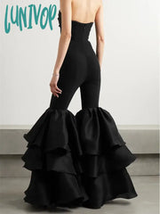 Lunivop Chic Women Luxury Sexy Strapless Ruffles Bodycon Flare Black Bandage Jumpsuit Celebrity