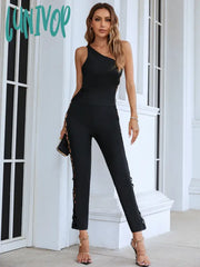 Lunivop Chic Women Summer Sexy One Shoulder Hollow Out Cut Black Bodycon Bandage Jumpsuit Celebrity