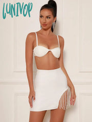 Lunivop Chic Women Summer Sexy Sleeveless Backless Pearl White Mini Bodycon Bandage Skirt Set