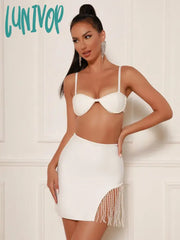 Lunivop Chic Women Summer Sexy Sleeveless Backless Pearl White Mini Bodycon Bandage Skirt Set
